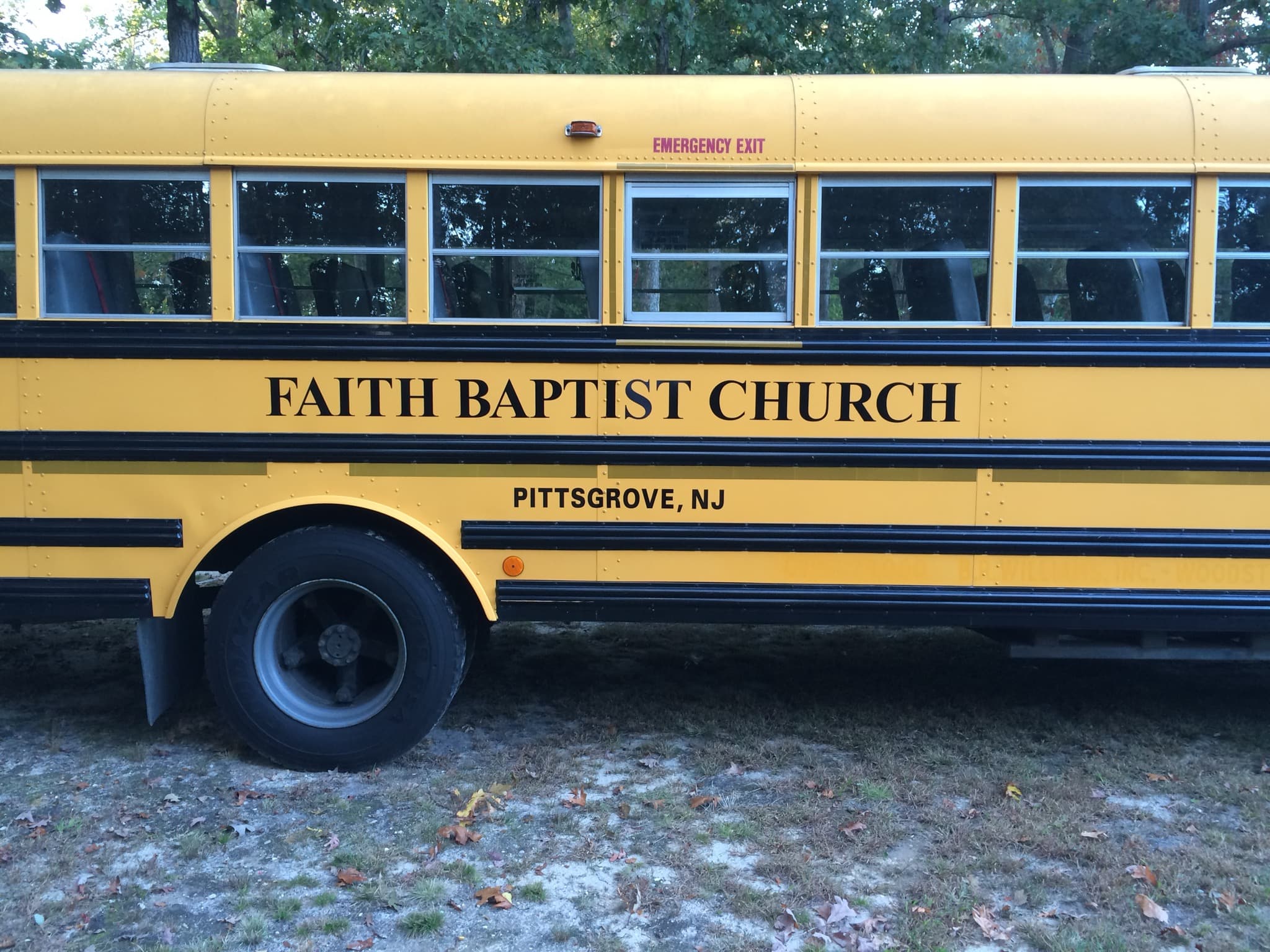The yellow Faith Baptist Church bus, lettered Pittsgrove, NJ